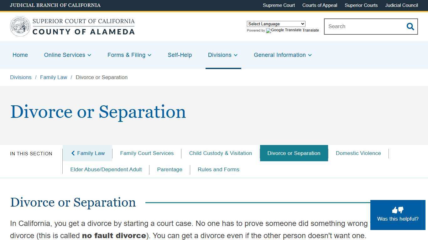 Divorce or Separation | Superior Court of California | County of Alameda